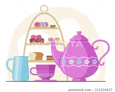 Traditional English Afternoon Tea Set for Tea Break Drinking Concept Illustration 131834817