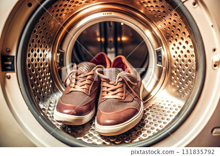 Cleaning brown sport youth shoes sneakers in the washing machine 131835792