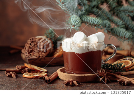 Christmas hot chocolate with marshmallows. Christmas hot chocolate with marshmallows. 131835917