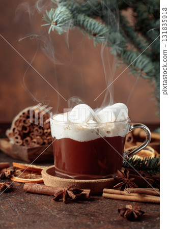 Christmas hot chocolate with marshmallows. Christmas hot chocolate with marshmallows. 131835918