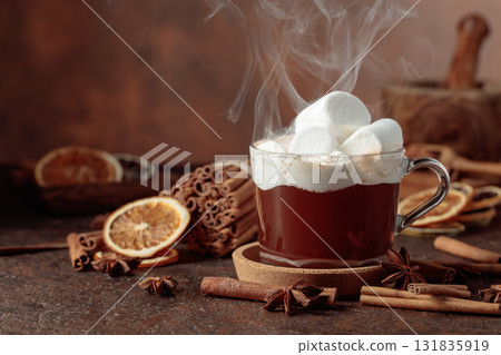 Hot chocolate with marshmallows on a brown background. Hot chocolate with marshmallows on a brown background. 131835919