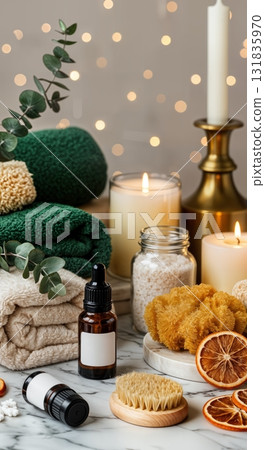 Luxurious Christmas Spa Setting with Essential Oil Bottles Eucalyptus Bundles and Bath Salts in Glass Jars 131835970