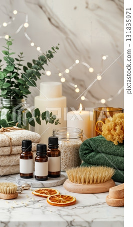 Luxurious Christmas Spa Setting with Essential Oil Bottles Eucalyptus Bundles and Bath Salts in Glass Jars Luxurious Christmas Spa Setting with Essential Oil Bottles Eucalyptus Bundles and Bath Salts in Glass Jars 131835971