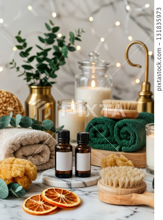 Luxurious Christmas Spa Setting with Essential Oil Bottles Eucalyptus Bundles and Bath Salts in Glass Jars 131835973