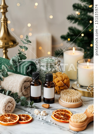 Luxurious Christmas Spa Setting with Essential Oil Bottles Eucalyptus Bundles and Bath Salts in Glass Jars Luxurious Christmas Spa Setting with Essential Oil Bottles Eucalyptus Bundles and Bath Salts in Glass Jars 131835974