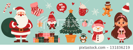 Winter Holiday Vector Set Santa Claus Snowman and Decorations. 131836219