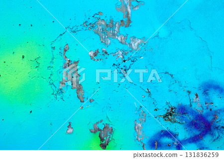 Aged Textured Wall in Blue, Green with Paint Peels and Graffiti for Urban 80s, Grunge Design 131836259