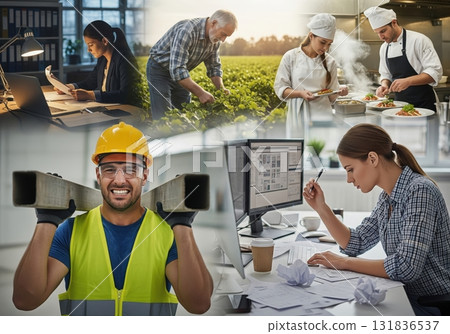 A collage showcases a variety of jobs, from office work and farming to culinary arts and construction, reflecting diverse professional careers and employment A collage showcases a variety of jobs, from office work and farming to culinary arts and construction, reflecting diverse professional careers and employment 131836537