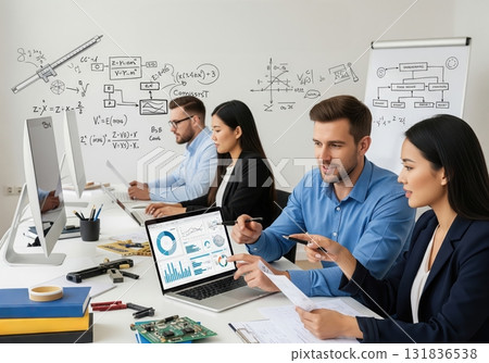 A team collaborates, using their laptops to analyze data in a workspace filled with notes and equations, emphasizing problem-solving and analytics A team collaborates, using their laptops to analyze data in a workspace filled with notes and equations, emphasizing problem-solving and analytics 131836538