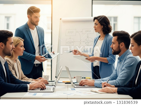 A business meeting is in progress, with team members gathered for strategy and brainstorming, collaborating on laptops and whiteboards to drive corporate success A business meeting is in progress, with team members gathered for strategy and brainstorming, collaborating on laptops and whiteboards to drive corporate success 131836539