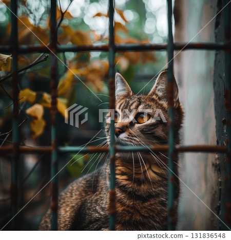 A brown tabby cat sits behind a rusty metal fence, its golden eyes alert and focused, amid an outdoor, autumnal setting A brown tabby cat sits behind a rusty metal fence, its golden eyes alert and focused, amid an outdoor, autumnal setting 131836548