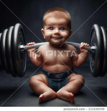 A strong baby boy playfully lifts a heavy barbell, showcasing incredible and unlikely strength 131836549