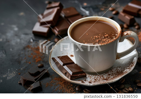 A delectable mug of hot chocolate sits atop a saucer, accompanied by chocolate pieces and cocoa powder, a tempting treat for a rich, chocolate-fueled experience A delectable mug of hot chocolate sits atop a saucer, accompanied by chocolate pieces and cocoa powder, a tempting treat for a rich, chocolate-fueled experience 131836550