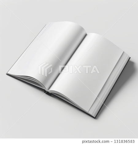 A blank, open book with dark cover rests on a white surface, ready for your text or design 131836583