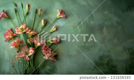 Delicate lisianthus blossoms in soft pink hues arranged on a textured green background, creating a charming floral composition Delicate lisianthus blossoms in soft pink hues arranged on a textured green background, creating a charming floral composition 131836585