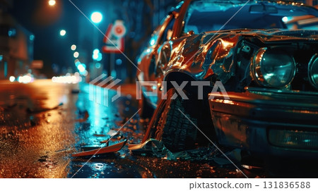 Night scene of a wrecked car on a rain-slicked street after an accident, illuminated by streetlights 131836588