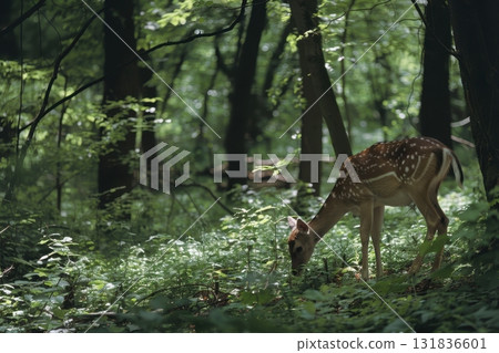 A young spotted deer grazes peacefully in a sun-dappled forest clearing 131836601