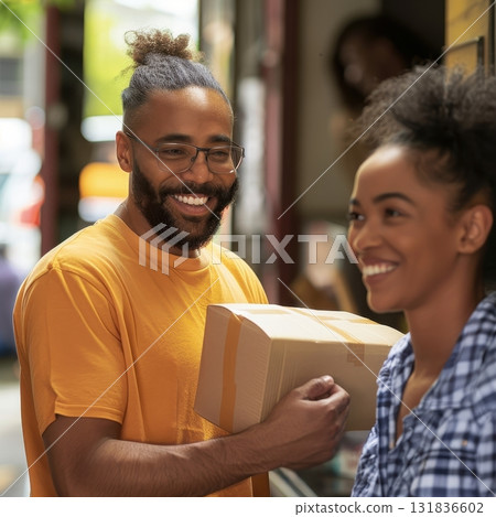 A happy couple receives a package delivery, smiling joyfully as they share the moment 131836602