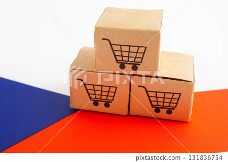 Online shopping, Shopping cart box on Czech flag, import export, finance commerce. 131836754