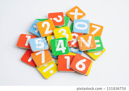 Number wood block cubes for learning Mathematic, education math. 131836758