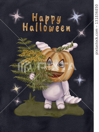 Halloween postcard Mystical Myash and the pumpkin with a bouquet of ferns Digital illustration Halloween postcard Mystical Myash and the pumpkin with a bouquet of ferns Digital illustration 131836850