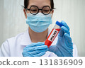 Scientist medical professional holding Cholesterol CBC test tube blood for research in science laboratory. 131836909