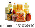 Foodstuffs in donation box isolated on white background with clipping path for volunteer to help people. 131836910