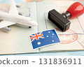 Australia flag and passport with airplane for travel. 131836911