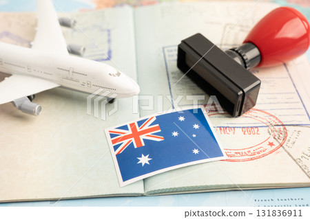 Australia flag and passport with airplane for travel. 131836911