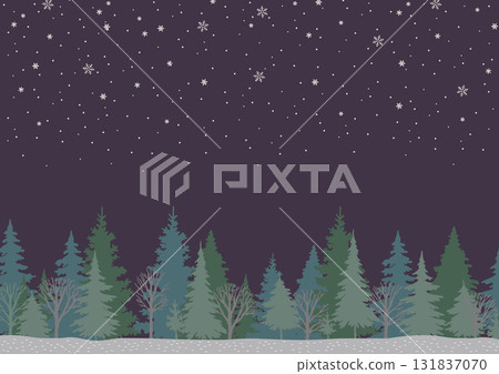 Starry winter forest background (night sky, snow, silhouette) 131837070