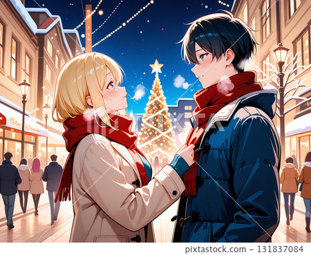 雪夜裡,情侶們在燈火通明的小鎮裡擁抱 雪夜裡,情侶們在燈火通明的小鎮裡擁抱 131837084