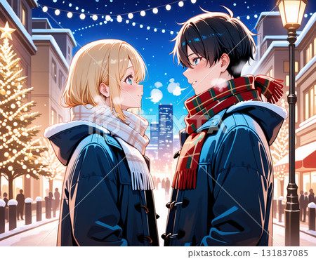 雪夜裡，情侶們在燈火通明的小鎮裡擁抱 131837085