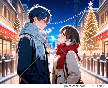 Lovers cuddling in a lit-up town on a snowy night 131837099