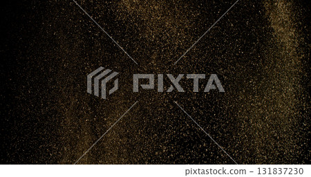 Powerful burst of clay particles exploding upward in a dense cloud, isolated on black. High-speed photography capturing the dynamic texture of dry earth in motion. 131837230