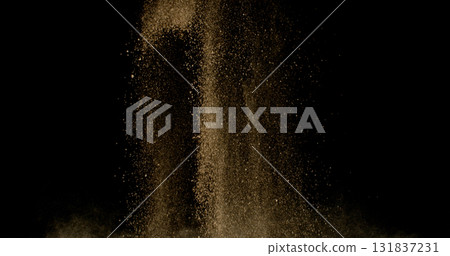 Powerful burst of clay particles exploding upward in a dense cloud, isolated on black. High-speed photography capturing the dynamic texture of dry earth in motion. Powerful burst of clay particles exploding upward in a dense cloud, isolated on black. High-speed photography capturing the dynamic texture of dry earth in motion. 131837231