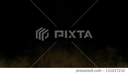 Powerful burst of clay particles exploding upward in a dense cloud, isolated on black. High-speed photography capturing the dynamic texture of dry earth in motion. Powerful burst of clay particles exploding upward in a dense cloud, isolated on black. High-speed photography capturing the dynamic texture of dry earth in motion. 131837232