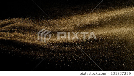 Fine beige cosmetic powder cloud suspended in air, isolated on black background. Elegant abstract motion concept captured in studio light. Makeup explosion and beauty design. 131837239