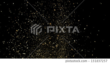 Powerful burst of clay particles exploding upward in a dense cloud, isolated on black. High-speed photography capturing the dynamic texture of dry earth in motion. 131837257