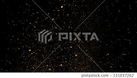 Detailed wave of airborne clay dust swirling in chaotic motion, captured in freeze  motion. Dramatic natural explosion of earthy particles on black background. 131837262