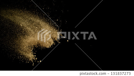 Fine beige cosmetic powder cloud suspended in air, isolated on black background. Elegant abstract motion concept captured in studio light. Makeup explosion and beauty design. 131837273