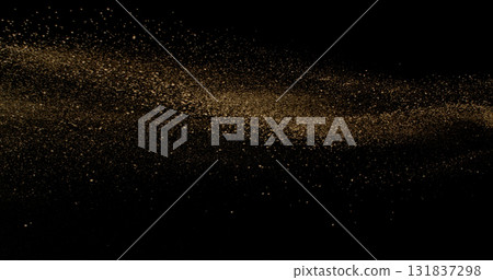 Fine beige cosmetic powder cloud suspended in air, isolated on black background. Elegant abstract motion concept captured in studio light. Makeup explosion and beauty design. Fine beige cosmetic powder cloud suspended in air, isolated on black background. Elegant abstract motion concept captured in studio light. Makeup explosion and beauty design. 131837298