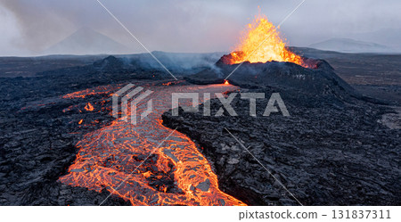 Aerial Panoramic view of Volcano Eruption, Litli-Hr?tur Hill, Fagradalsfjall Volcano System in Iceland. Reykjanes Peninsula. 131837311