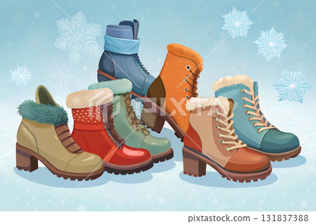 Winter warm various women's hiking boots on snow Winter warm various women's hiking boots on snow 131837388