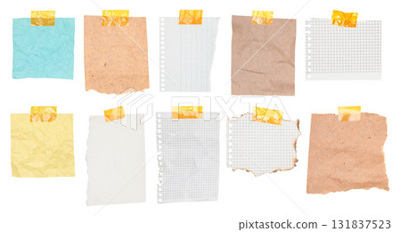 Set of various notebook note sheets attached with adhesive tape. Stationery elements isolated on transparent background Set of various notebook note sheets attached with adhesive tape. Stationery elements isolated on transparent background 131837523
