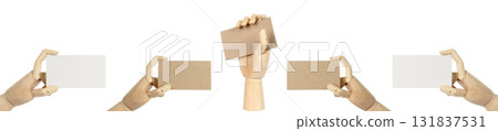 Set of wooden hands holding blank business cards, isolated on transparent background 131837531