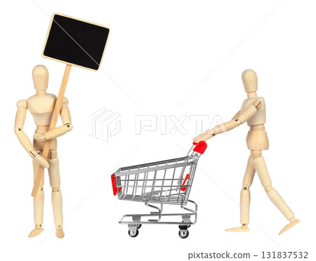 Set of mini compositions with wooden mannequin shopping, isolated on transparent background 131837532