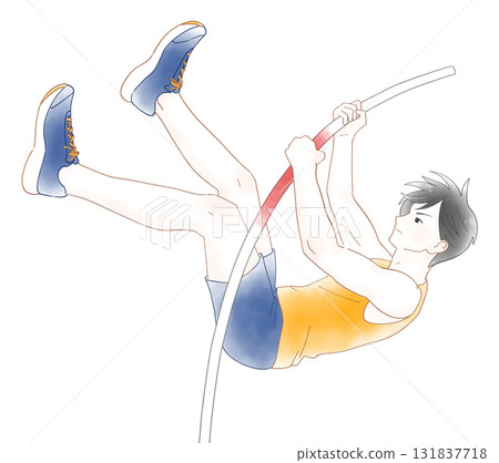 男孩撐竿跳的水彩插圖 男孩撐竿跳的水彩插圖 131837718