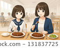 姊妹倆在餐廳吃西冷牛排 131837725