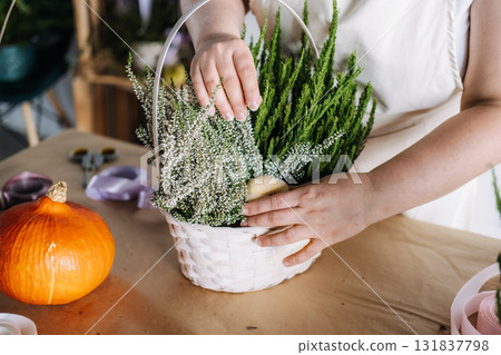 Woman arranging white heather and evergreen branches into a decorative basket on a craft table. Thanksgiving workshop, seasonal DIY, natural decor, creative wellness 131837798