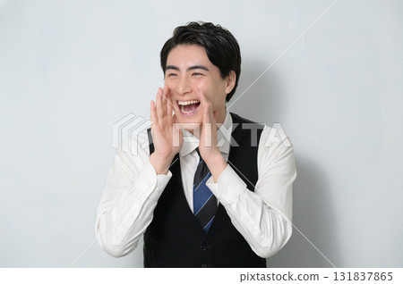 A man calling out on a white background A man calling out on a white background 131837865